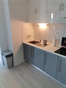a small kitchen with white cabinets and a sink at Studio 4 personnes in Eaux-Bonnes