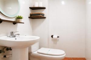 a bathroom with a sink and a toilet and a mirror at Duplex La Valle Ordesa-Ainsa in Laspuña +32 photos