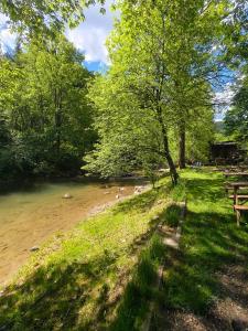 a picnic table sitting next to a river at Domek Magellan Cisna 11 in Cisna +9 photos