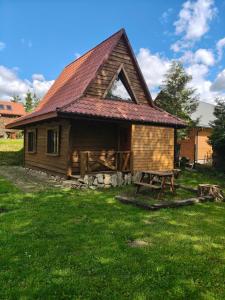 a log cabin with a red roof on a green field at Domek Magellan Cisna 11 in Cisna