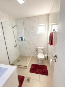a bathroom with a shower and a toilet and a sink at Villa Azar in Dobra Voda +6 photos