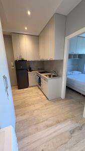 a kitchen with a sink and a bed in a room at Apartment in Golem in Golem