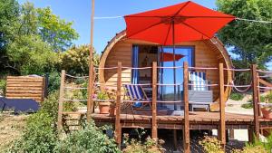 a cabin with chairs and an umbrella on a deck at Tiny house chez Manou in Castelnau-de-Mandailles +11 photos