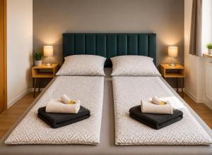 a bedroom with two beds with pillows on them at Hotel & Restaurant Hasa in Gernrode - Harz