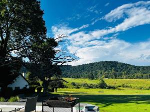 a person sitting on a picnic table in the grass at Lythwood Lodge in Lidgetton