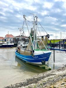a blue boat is sitting in the water at Nordsee-Hotel in Butjadingen