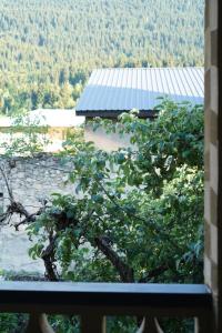 a view from a window of a tree and a building at Hotel Lemi in Mestia