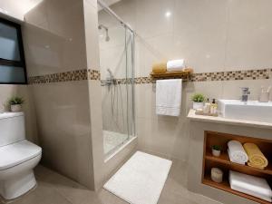 a bathroom with a shower and a toilet and a sink at ACRE on Albatros in Gqeberha