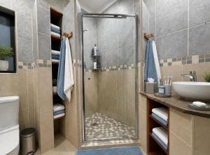 a bathroom with a shower and a sink at ACRE on Albatros in Gqeberha