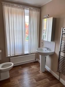 a bathroom with a sink and a toilet and a window at Towler's Chemist in Kirkbymoorside