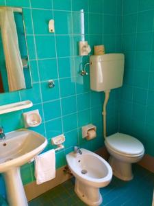 La salle de bains verte est pourvue de toilettes et d'un lavabo. dans l'établissement Hotel Reno, à Lido di Savio