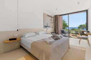 a bedroom with a large bed and a large window at La maison de simon in Pietrosella