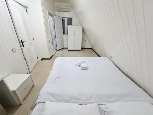 a small white room with a bed in it at Dreamvilla aframe in Gabala