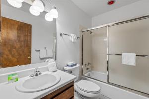 a bathroom with a sink and a toilet and a shower at Chipmunk in Clark