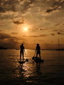 two people on paddle boards in the water at sunset at Hotel Isla Fuerte Ecohouse in Puerto Limón