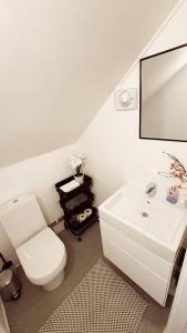 a bathroom with a white toilet and a sink at Villa lugn och ro in Gustavsberg