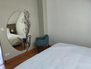 a bedroom with a mirror and a bed and a chair at La Clé des Vignes 3 in Roye