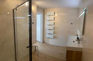 a bathroom with a shower and a sink and a mirror at 't Westerkwartiertje in Aduard +20 photos