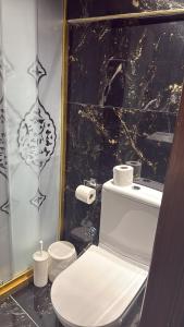 a bathroom with a white toilet and a black wall at antik senyora butik in Urfa +2 photos