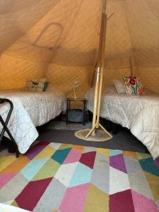 a room with two beds and a rug in a yurt at Glamping Ramas De Elqui in Pisco Elqui