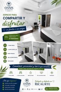 a flyer for a hotel room with a bed at Oasis de Ricaurte in Ricaurte