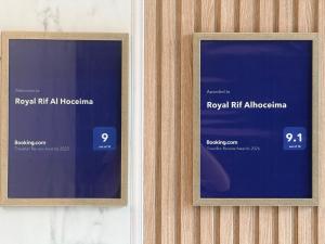two signs on the side of a door withrevirgin hit at al hospital at Royal Rif Alhoceima in Al Hoceïma