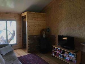 a living room with a couch and a tv in a room at Shepherds Cabin in Kadita - בקתת רועה בקדיתא in Kadita