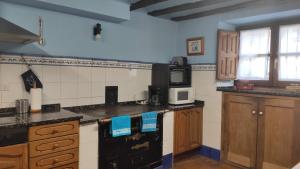 a kitchen with wooden cabinets and a black stove top oven at Etxezarra in Sáseta