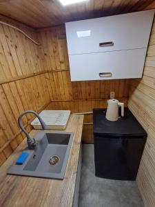 a kitchen with a sink in a tiny house at Namiot glampingowy u Kasi in Pojezierze