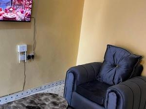 a living room with a black couch and a tv at Petalluxe k24 in Narok