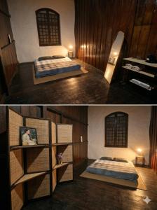 two pictures of a bedroom with a bed and a shelf at Thai Traditional Home in Bangkok