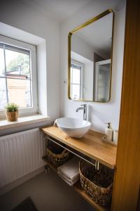 a bathroom with a sink and a mirror on a counter at Franz 38 - Appartement Hallstatt in Hallstatt +35 photos