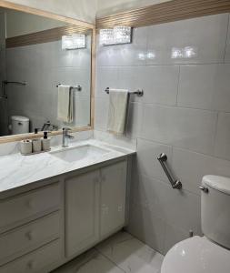 a bathroom with a sink and a toilet and a mirror at Haven Garden Retreat in Kingston