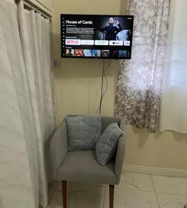 a chair with a television on a wall at Haven Garden Retreat in Kingston