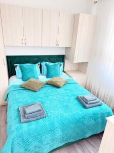 a bedroom with a blue bed with blue pillows at Miry Apartment in Târgu Neamț