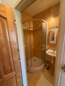 a bathroom with a shower and a sink at Pizzerie Osičko in Bystřice pod Hostýnem +55 photos