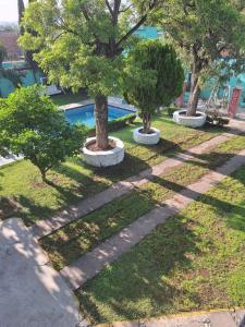 a row of trees in a park with grass at Hotel Elohim Tequis in Tequisquiapan