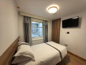 a bedroom with a bed and a flat screen tv at Motel Schmotel in Brighton & Hove
