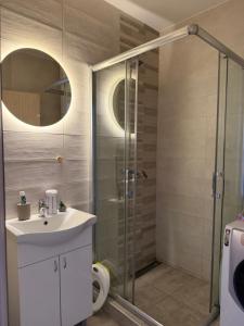 a bathroom with a sink and a shower at Apartman Petrovic in Vranje +31 photos