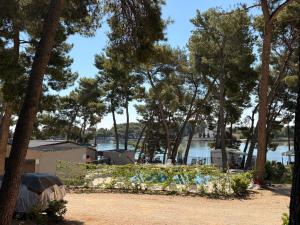 a view of a body of water through trees at Taber Pašman – Mobile Homes in Pašman