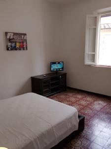 a bedroom with a bed and a flat screen tv at Borgo antico Pisa in Montecastello