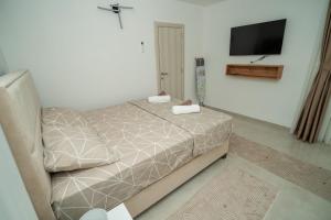 a bedroom with a bed and a flat screen tv at Amon Private Pool Residence in Podgorica +14 photos