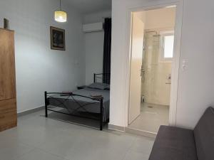 a bedroom with a bed and a walk in shower at Piraeus Sea Loft in Piraeus