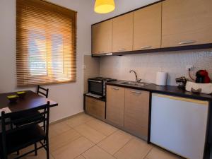 a kitchen with wooden cabinets and a counter top at Billys studios in Karistos