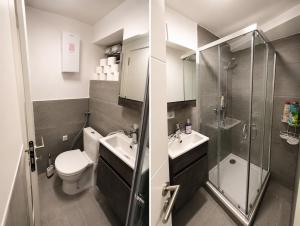 a bathroom with a shower and a toilet and a sink at Ferien Wohnung in Traben-Trarbach
