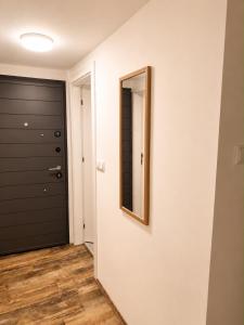 a hallway with a door and a mirror on a wall at Ferien Wohnung in Traben-Trarbach
