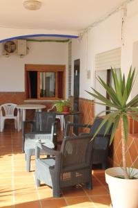 un patio con sedie, tavolo e piante in vaso di Apartamentos Miramar a Bolonia