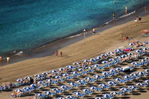an overhead view of a beach with umbrellas and the ocean at Apartamentos Vista Sur in Playa de las Americas