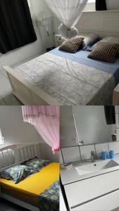 two pictures of a bedroom with a bed and a sink at Aux bambous in Rivière-Salée +3 photos
