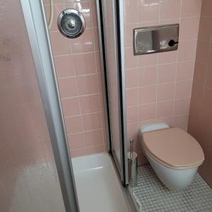 a pink bathroom with a toilet and a shower at Ferienwohnung mit Bergblick in Oberammergau